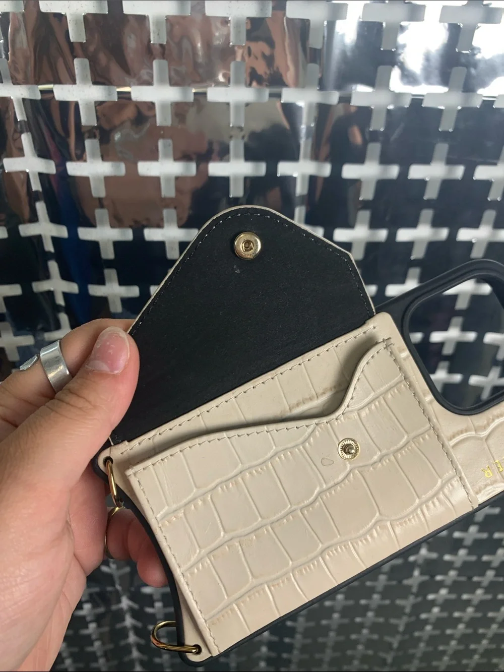 Bandolier Cream Croc-Embossed iPhone 15 Pro Phone Case with Gold Hardware